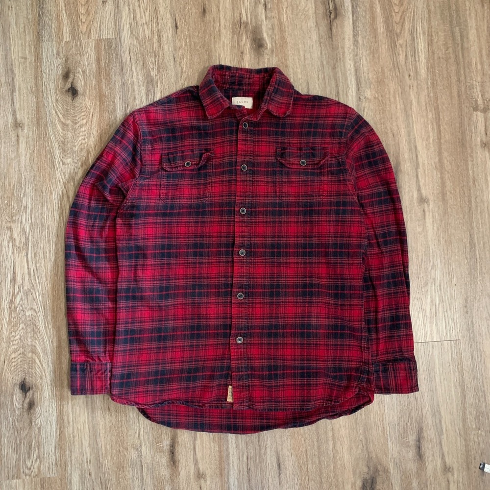 JACHS thick plaid flannel‎ button-up shirt in red black - size large (tall) mens